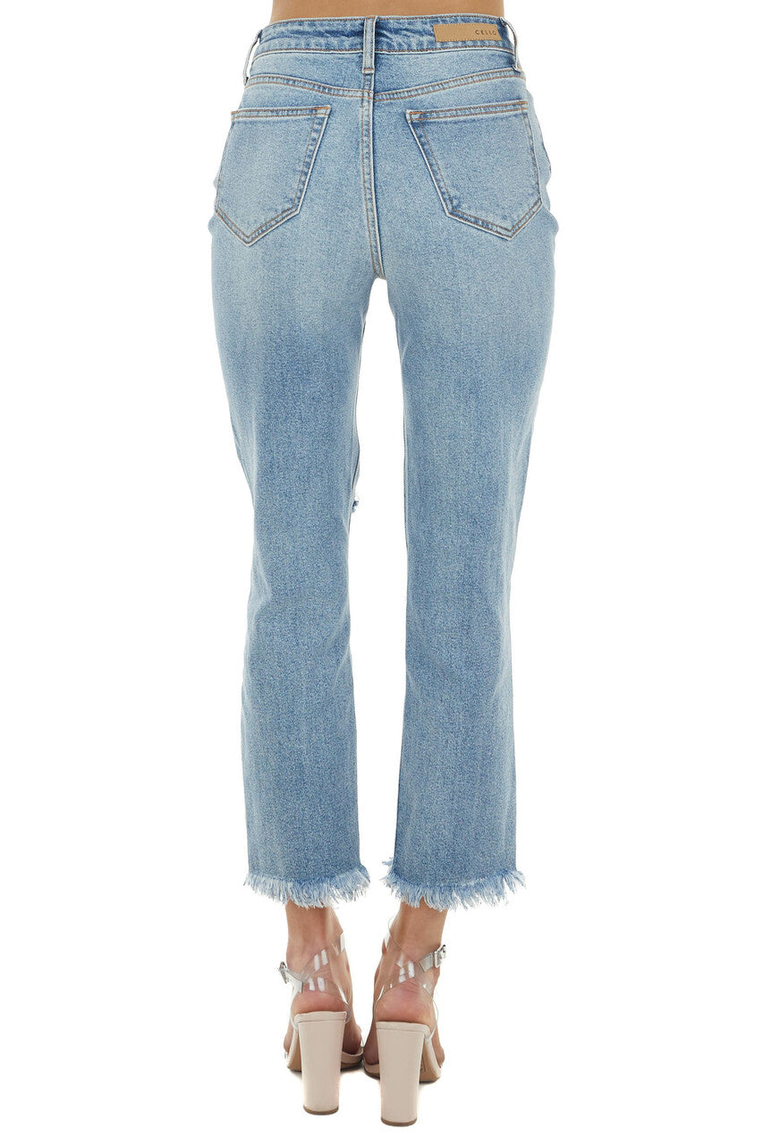Medium Wash Distressed High Rise Jeans with Frayed Detail 