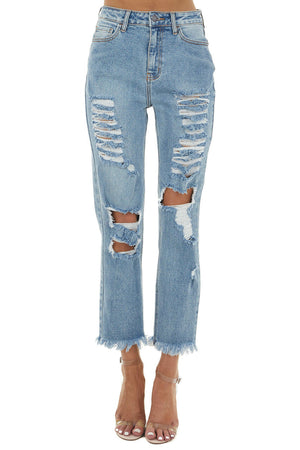 Medium Wash Distressed High Rise Jeans with Frayed Detail 
