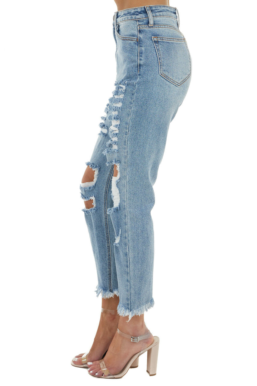 Medium Wash Distressed High Rise Jeans with Frayed Detail 