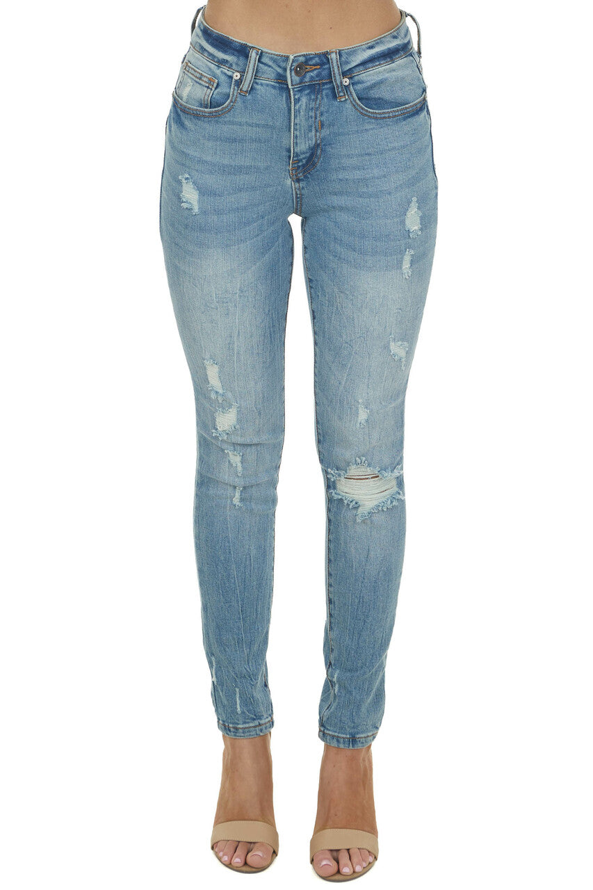 Medium Wash Distressed High Rise Skinny Jeans