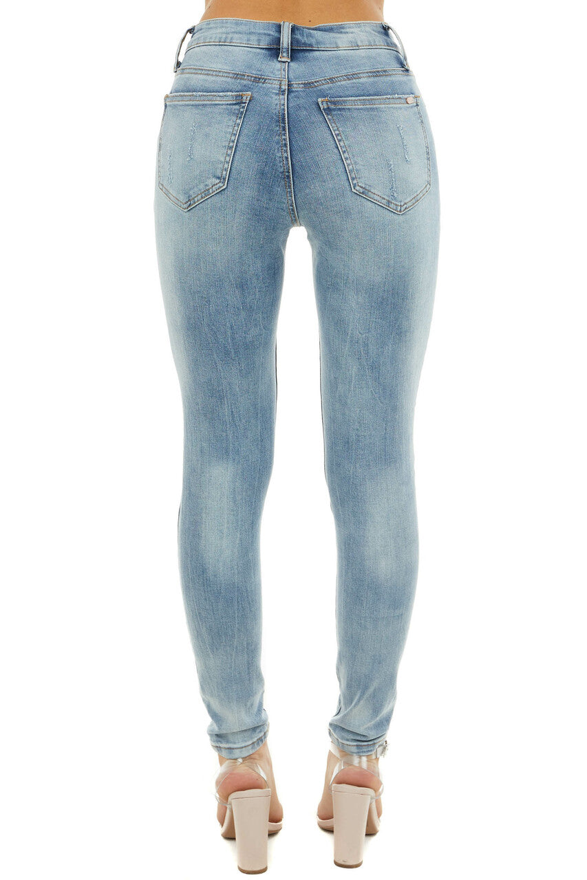 Medium Wash Distressed Mid Rise Button Up Skinny Jeans 