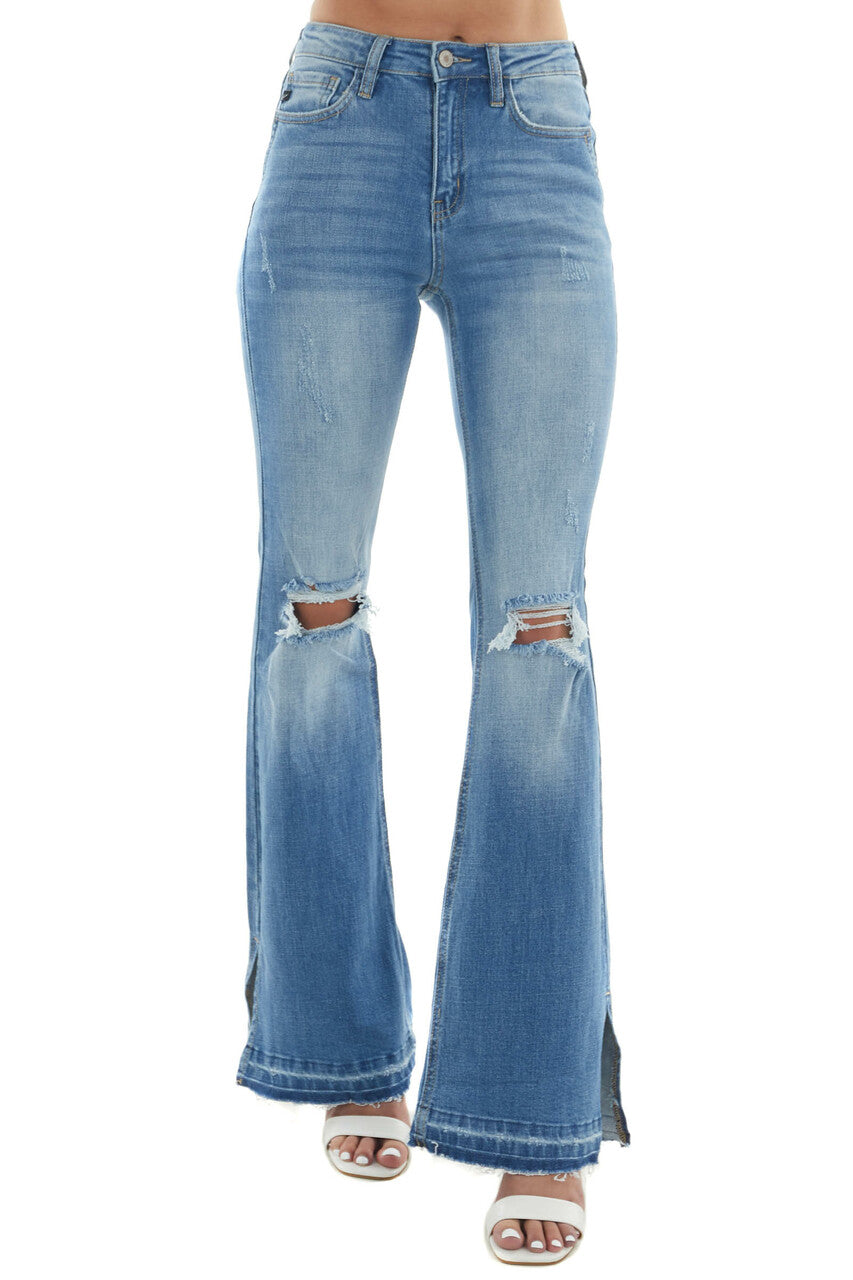 Medium Wash High Rise Distressed Flare Jeans 