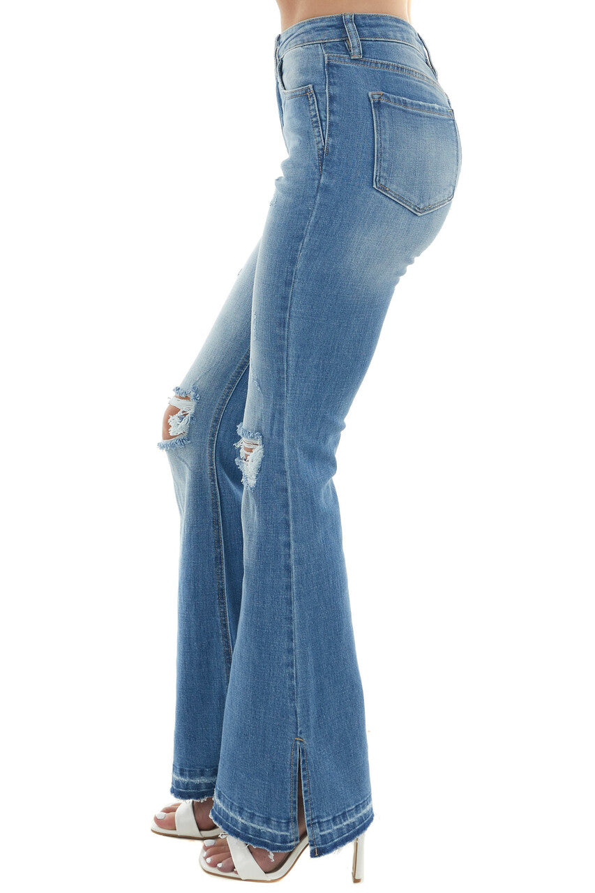 Medium Wash High Rise Distressed Flare Jeans 