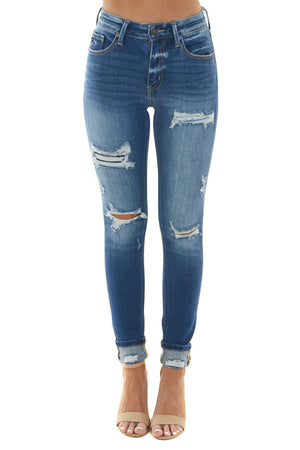 Medium Wash High Rise Distressed Skinny Jeans