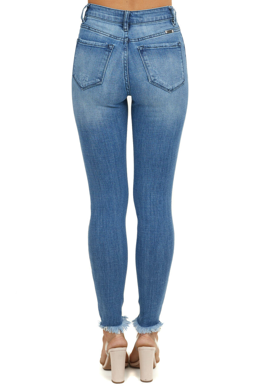 Medium Wash High Rise Distressed Skinny Jeans with Fray