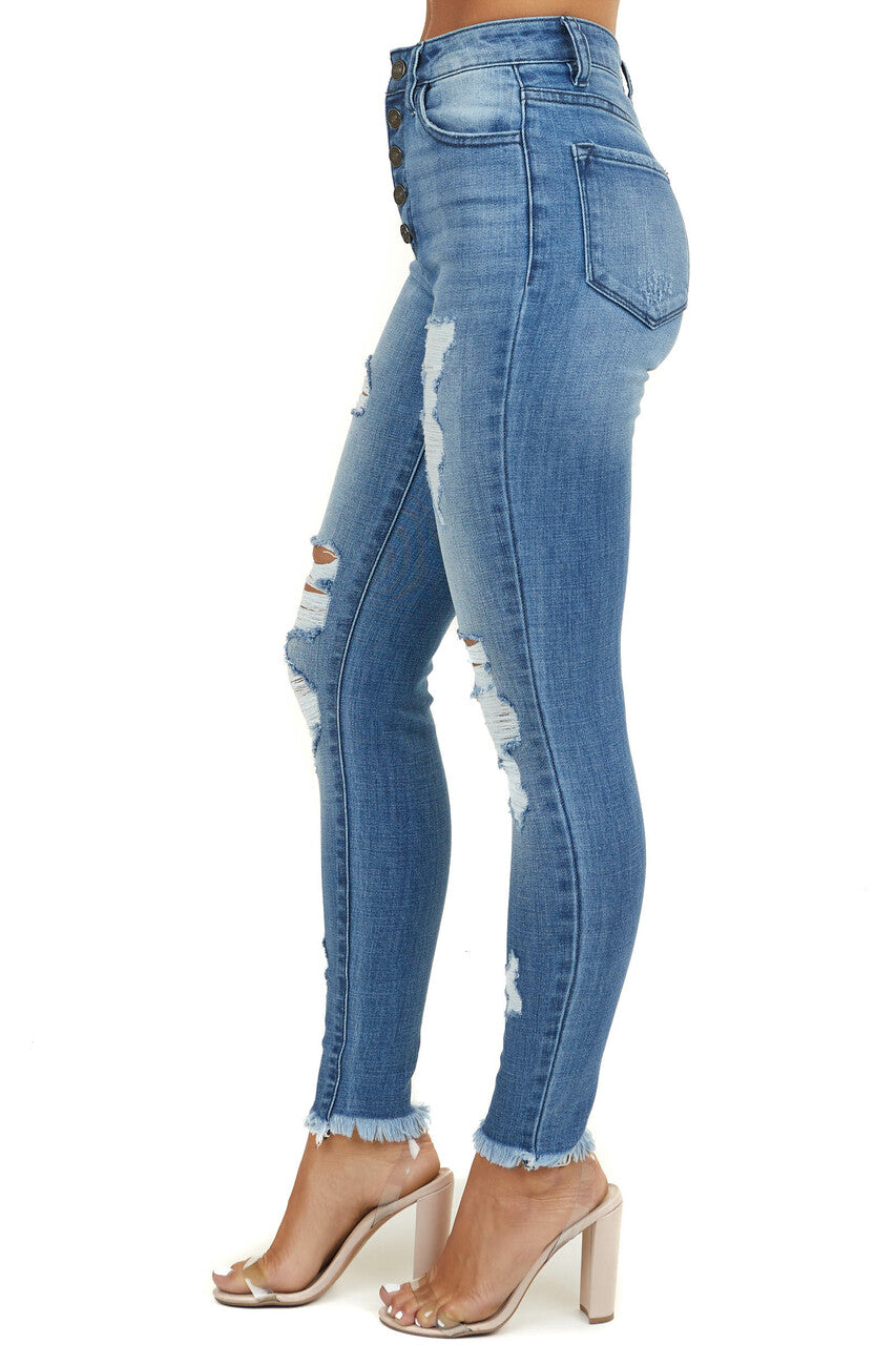 Medium Wash High Rise Distressed Skinny Jeans with Fray