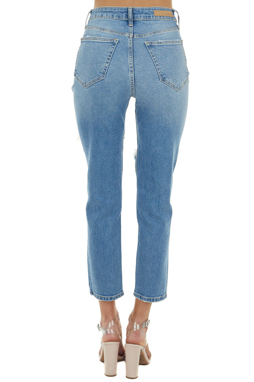 Medium Wash High Rise Distressed Straight Leg Jeans 
