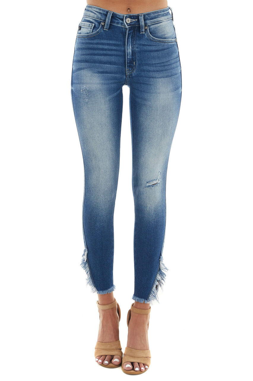 Medium Wash High Rise Frayed Hem Skinny Jeans