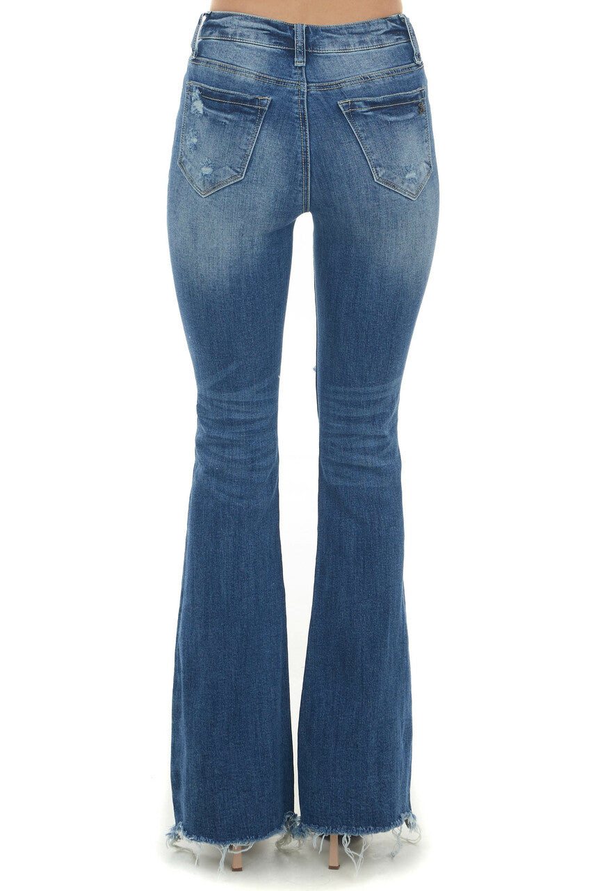 Medium Wash High Rise Raw Cut Hem Flare Jeans