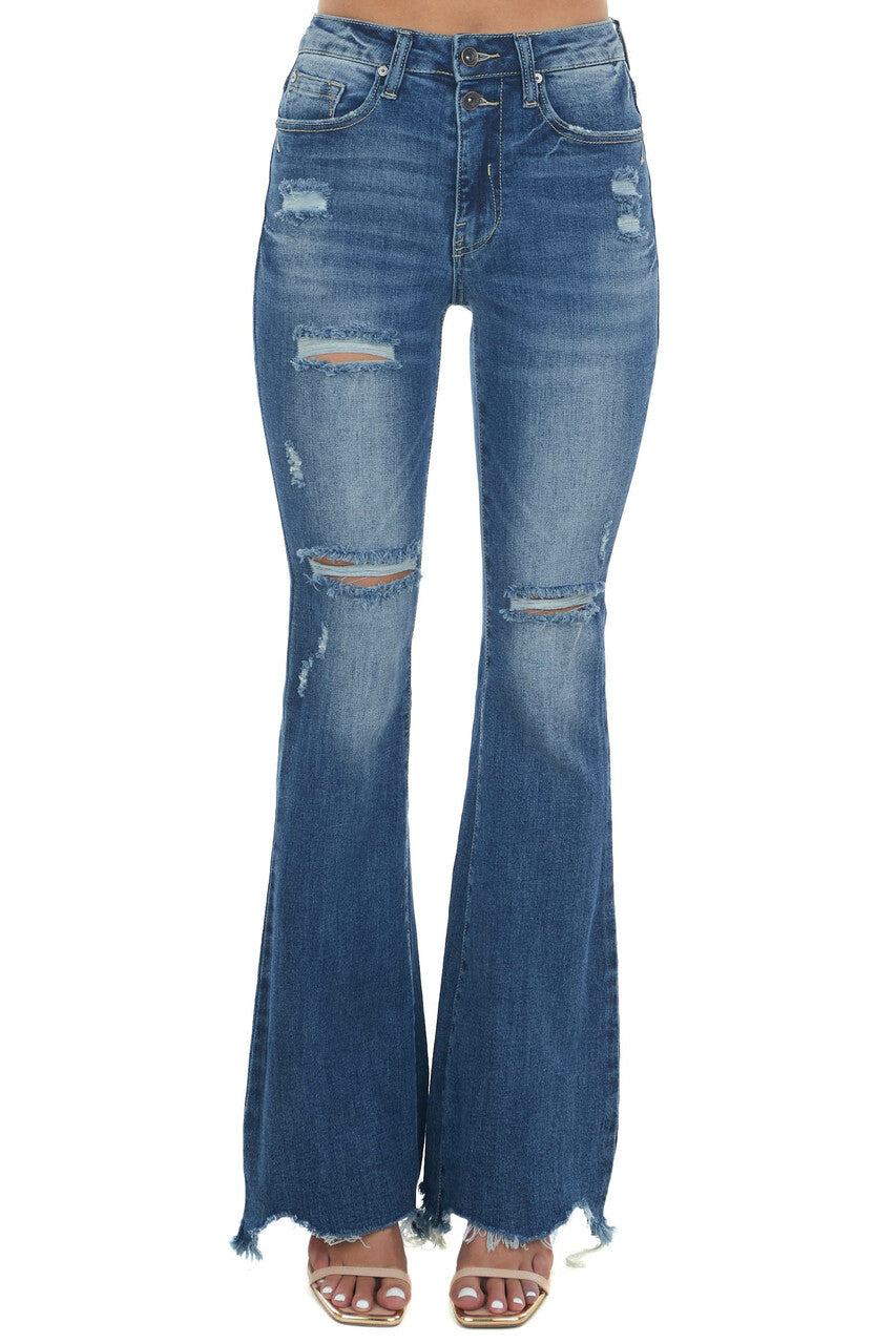 Medium Wash High Rise Raw Cut Hem Flare Jeans