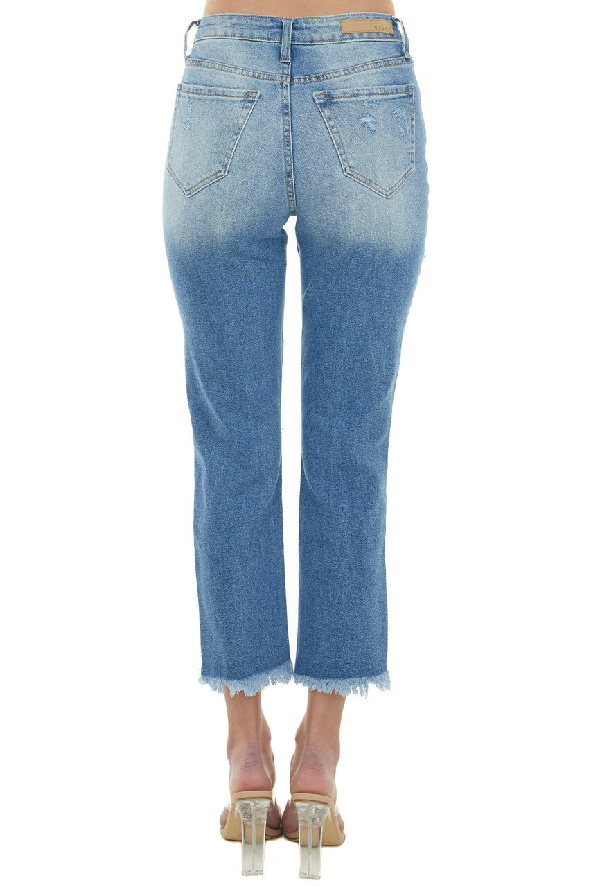 Medium Wash High Rise Raw Hem Distressed Jeans 