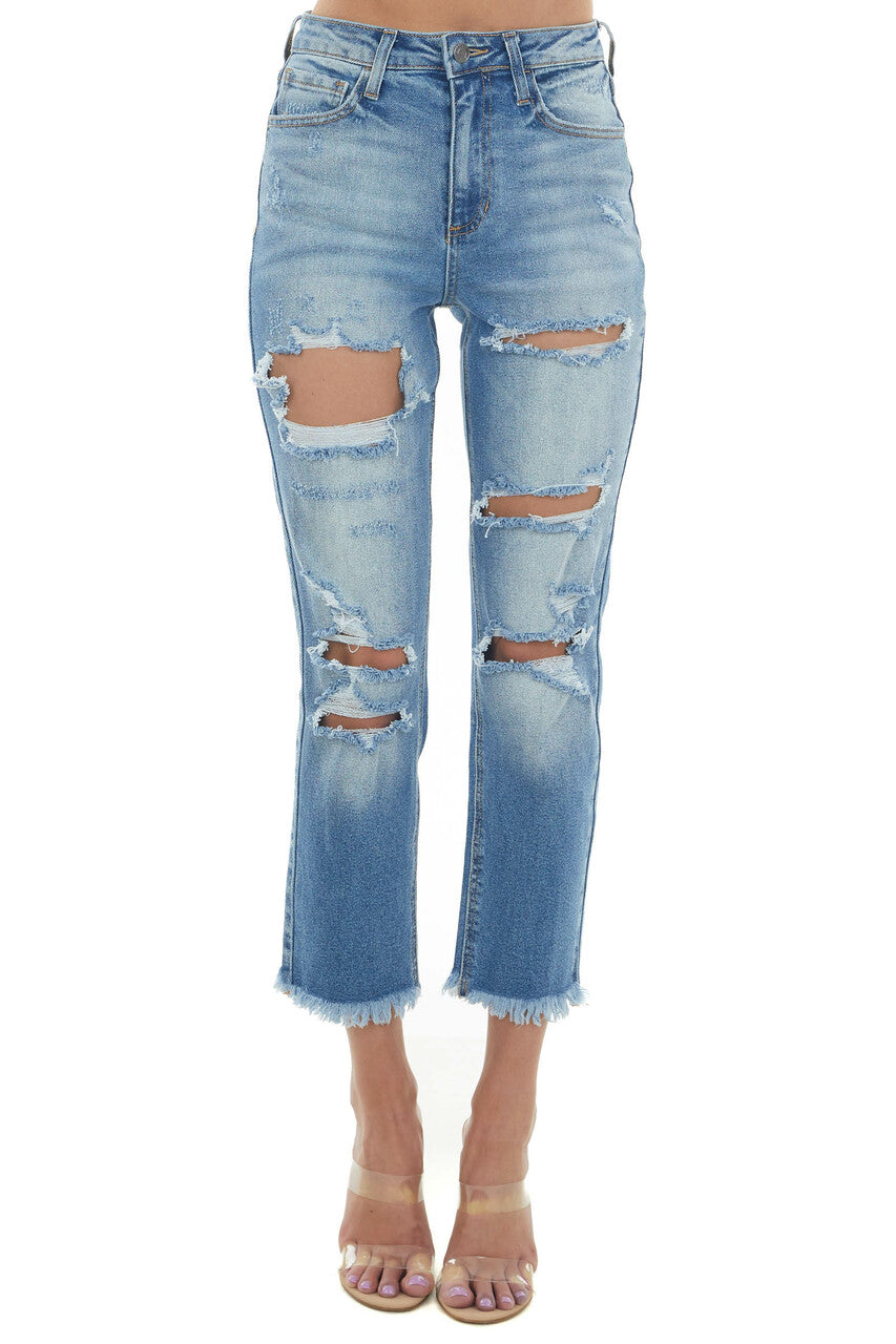 Medium Wash High Rise Raw Hem Distressed Jeans 