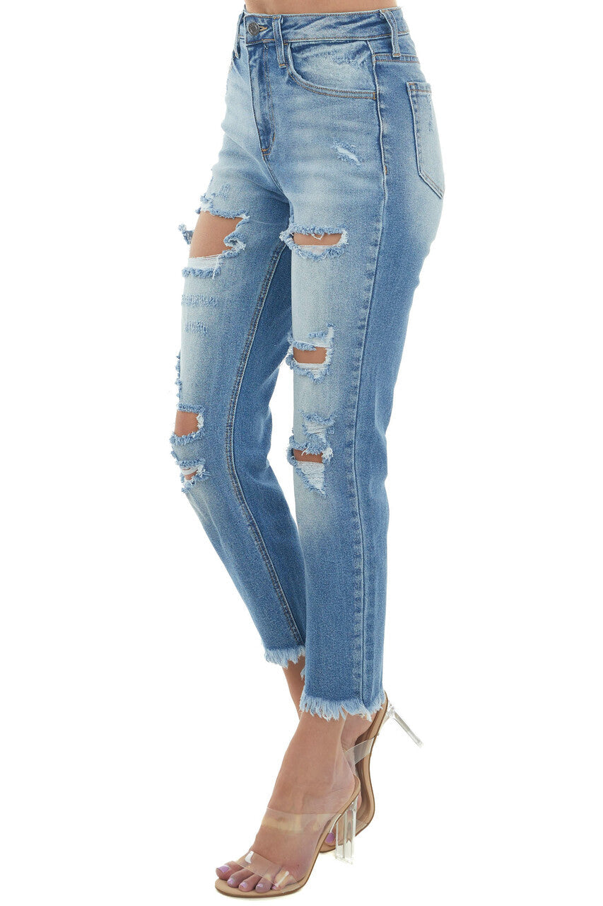 Medium Wash High Rise Raw Hem Distressed Jeans 