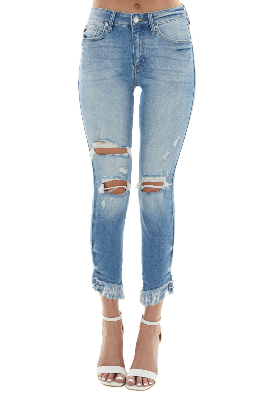 Medium Wash High Rise Tiered Frayed Hem Jeans 