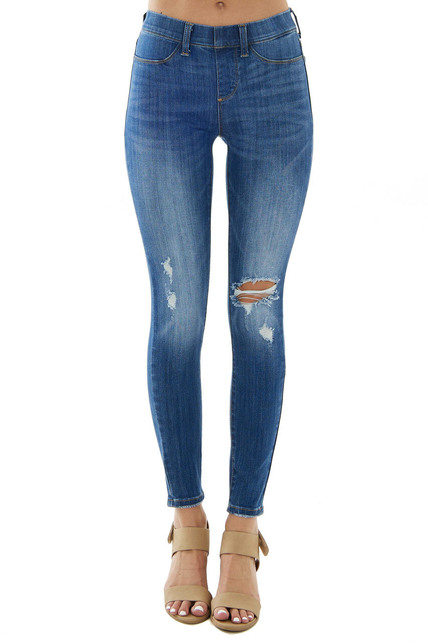 Medium Wash Mid Rise Distressed Knee Jeggings