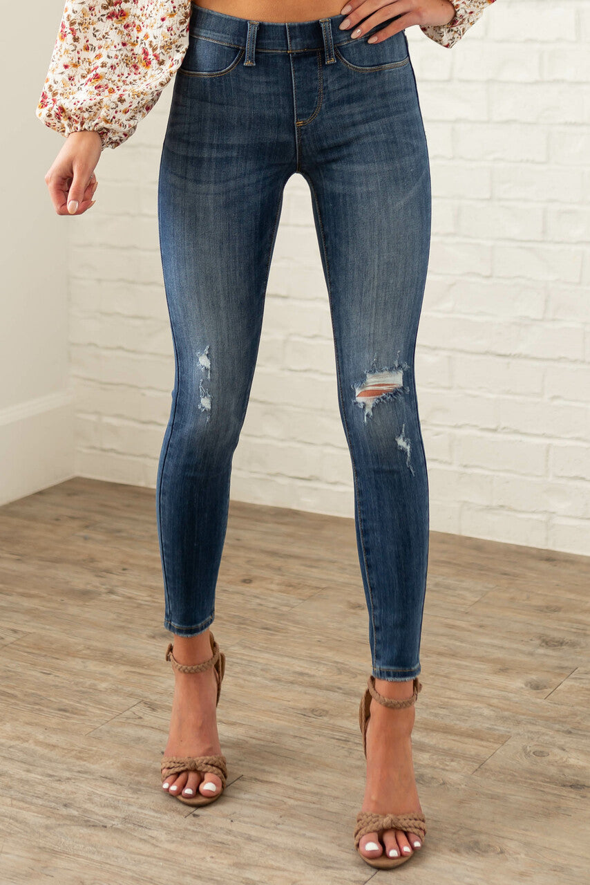 Medium Wash Mid Rise Distressed Knee Jeggings