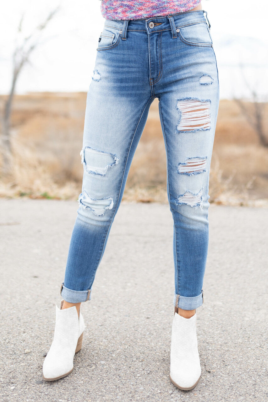 Medium Wash Mid Rise Heavily Distressed Jeans
