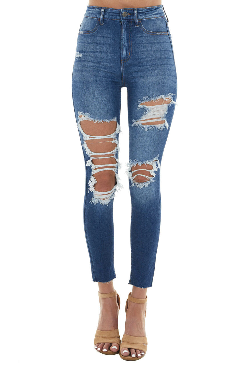 Medium Wash Ripped Denim Skinny Jeans 