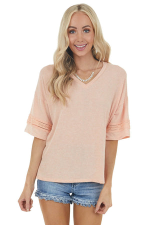 Melon Drop Sleeve Stretchy Knit Top with Crochet Details