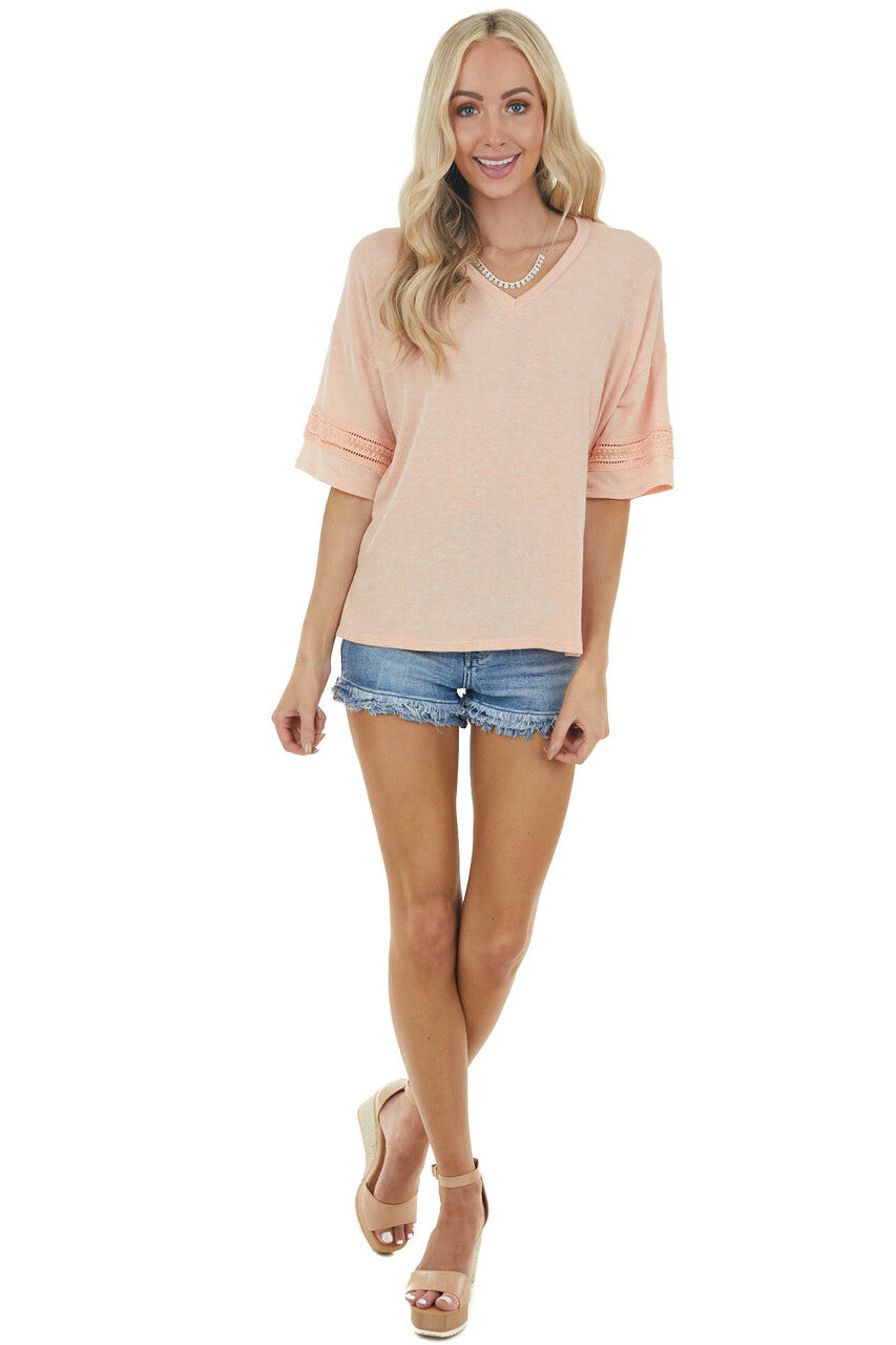 Melon Drop Sleeve Stretchy Knit Top with Crochet Details