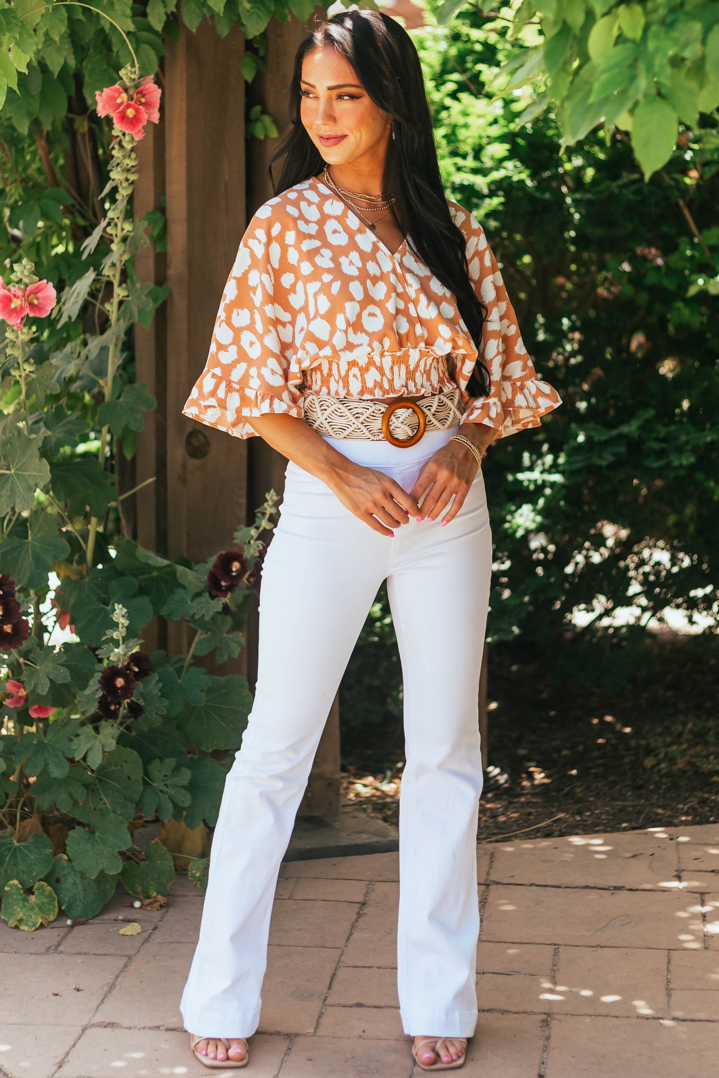 Melon Leopard Print Surplice Neck Cropped Blouse