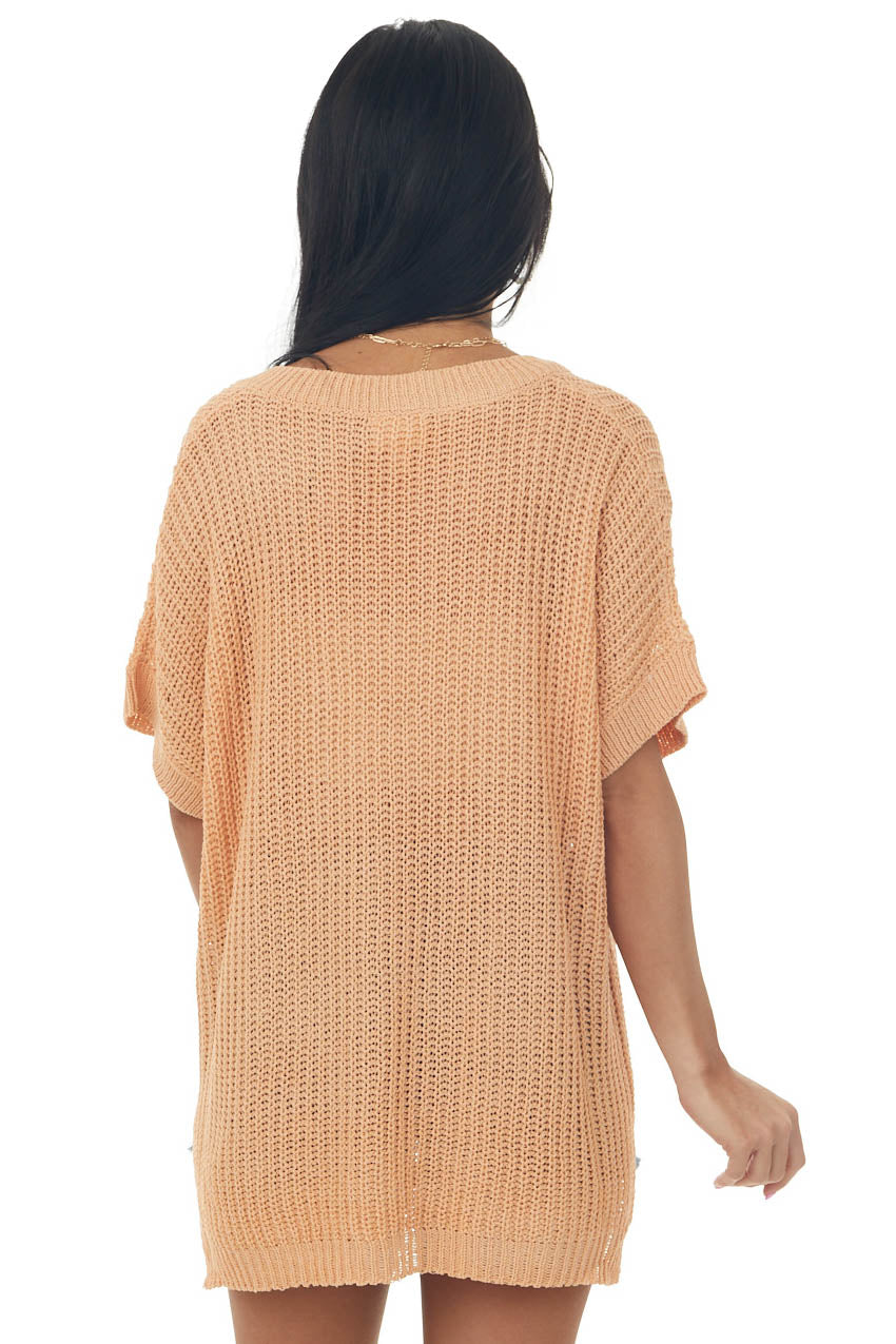 Melon Short Sleeve Loose Knit Sweater with Front Pocket