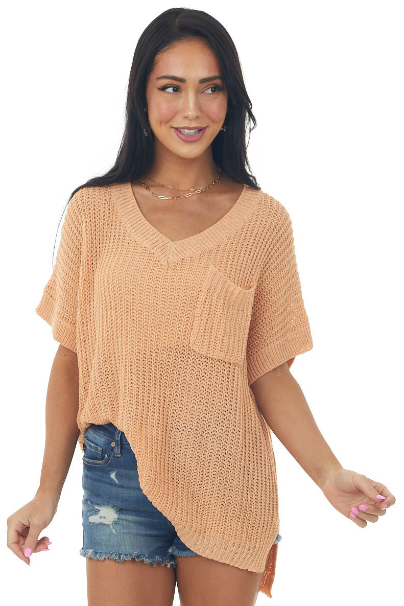 Melon Short Sleeve Loose Knit Sweater with Front Pocket