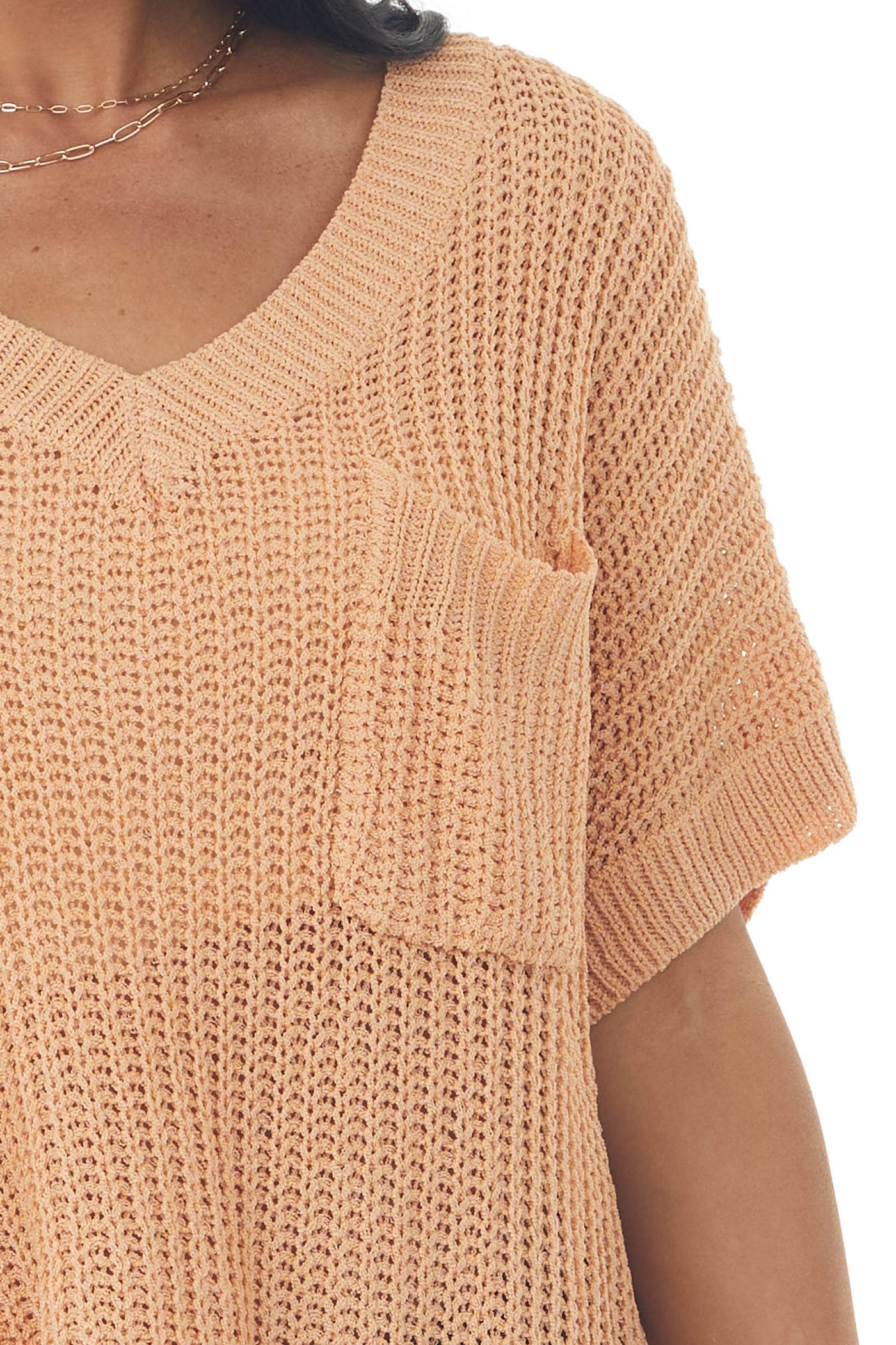Melon Short Sleeve Loose Knit Sweater with Front Pocket