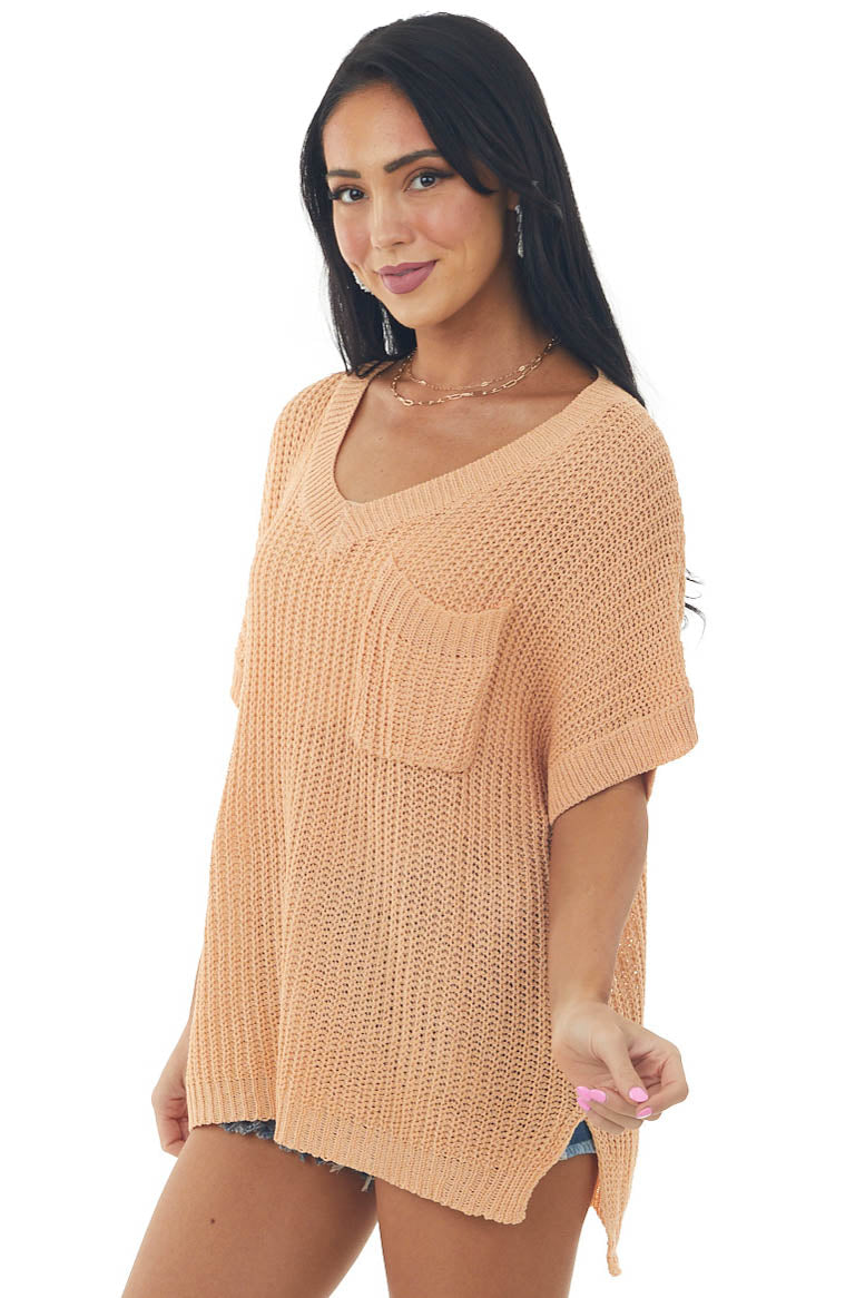 Melon Short Sleeve Loose Knit Sweater with Front Pocket