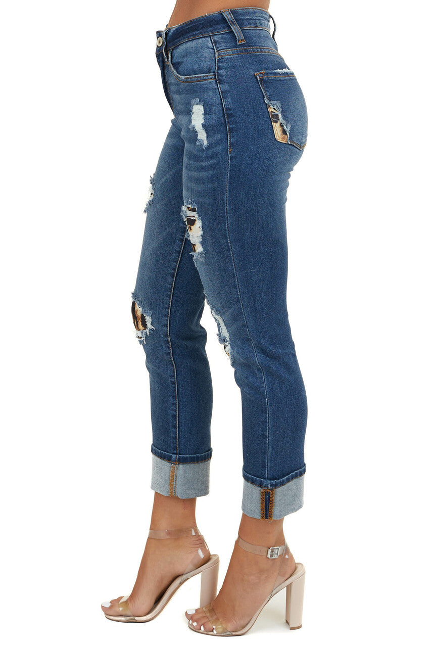 Mid Wash Denim Blue Distressed Animal Print Skinny Jeans