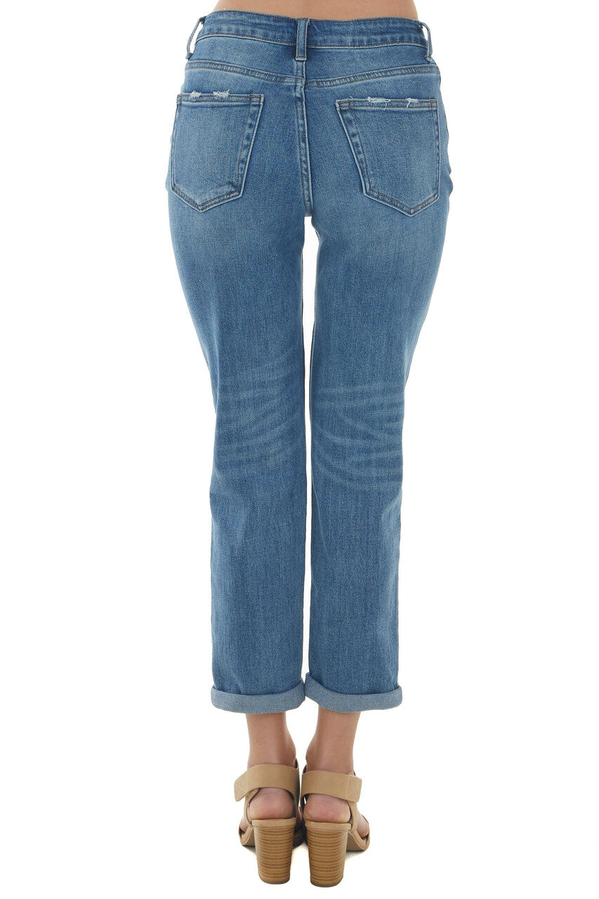 Mid Wash High Rise Boyfriend Cuffed Hem Jeans