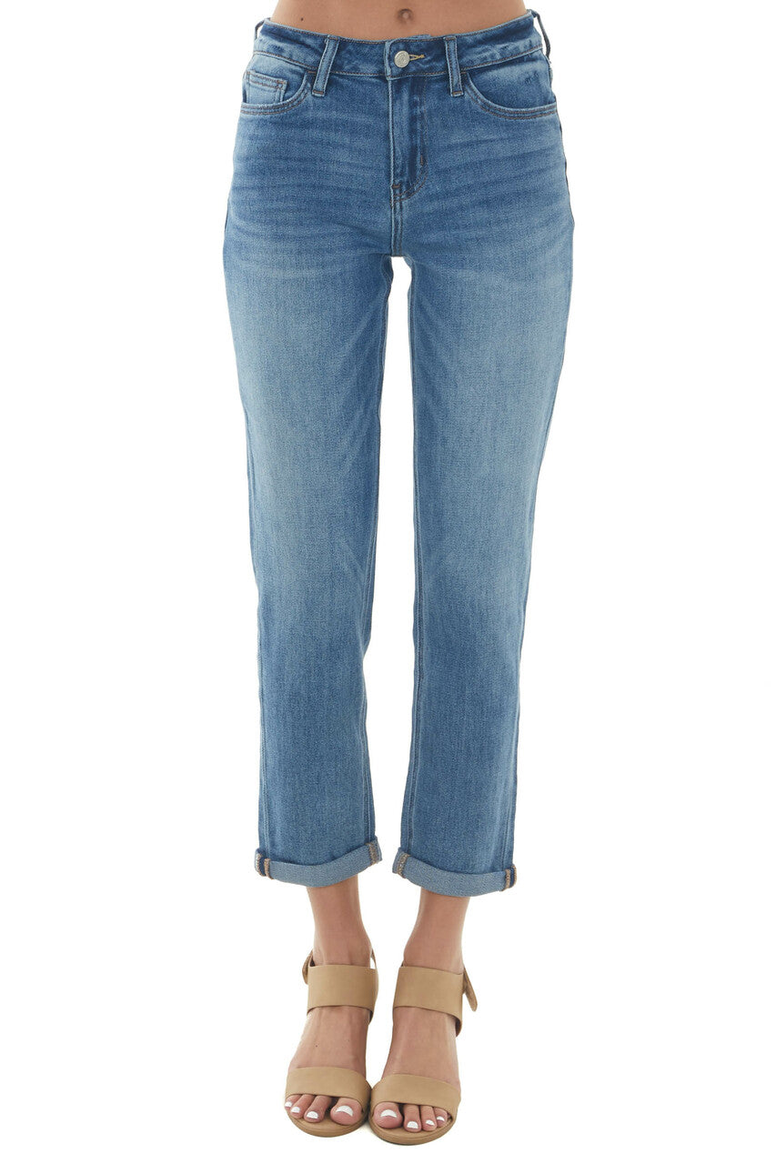 Mid Wash High Rise Boyfriend Cuffed Hem Jeans