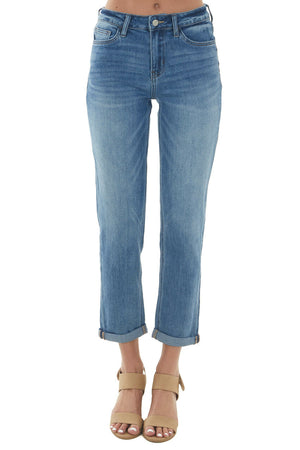 Mid Wash High Rise Boyfriend Cuffed Hem Jeans