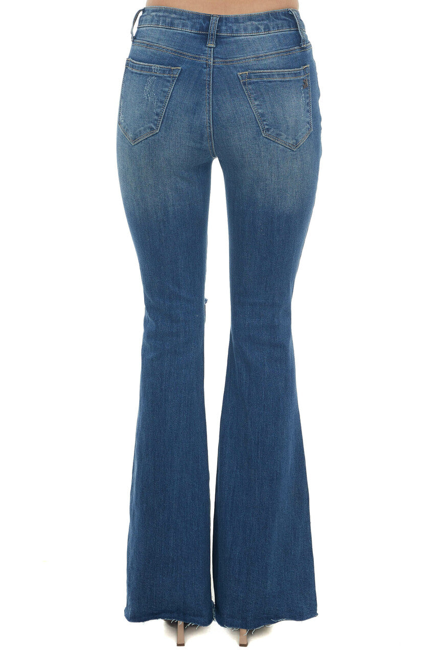 Mid Wash High Rise Flare Leg Torn Denim Jeans 