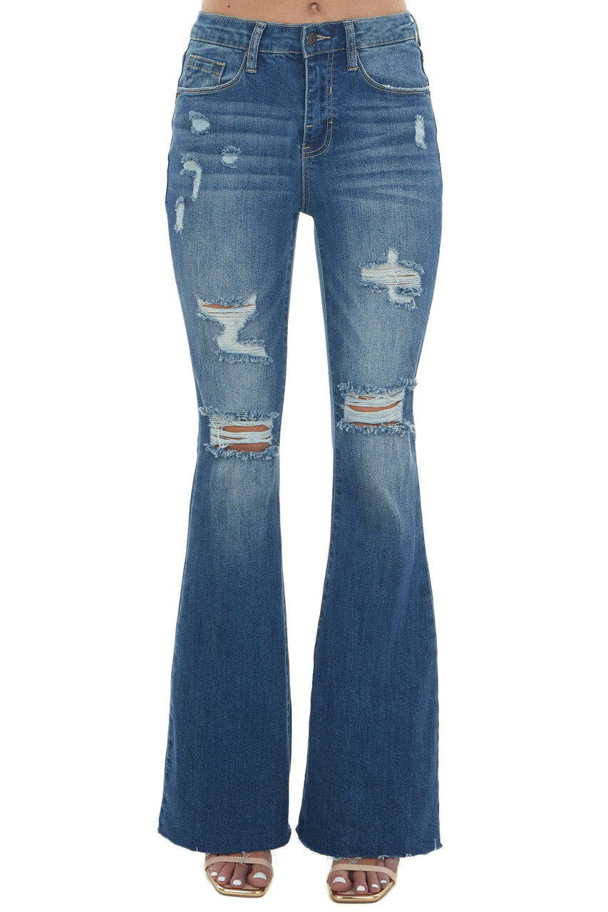 Mid Wash High Rise Flare Leg Torn Denim Jeans 