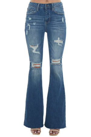 Mid Wash High Rise Flare Leg Torn Denim Jeans 