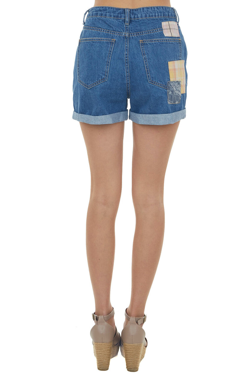 Mid Wash High Rise Patchwork Rolled Hem Shorts