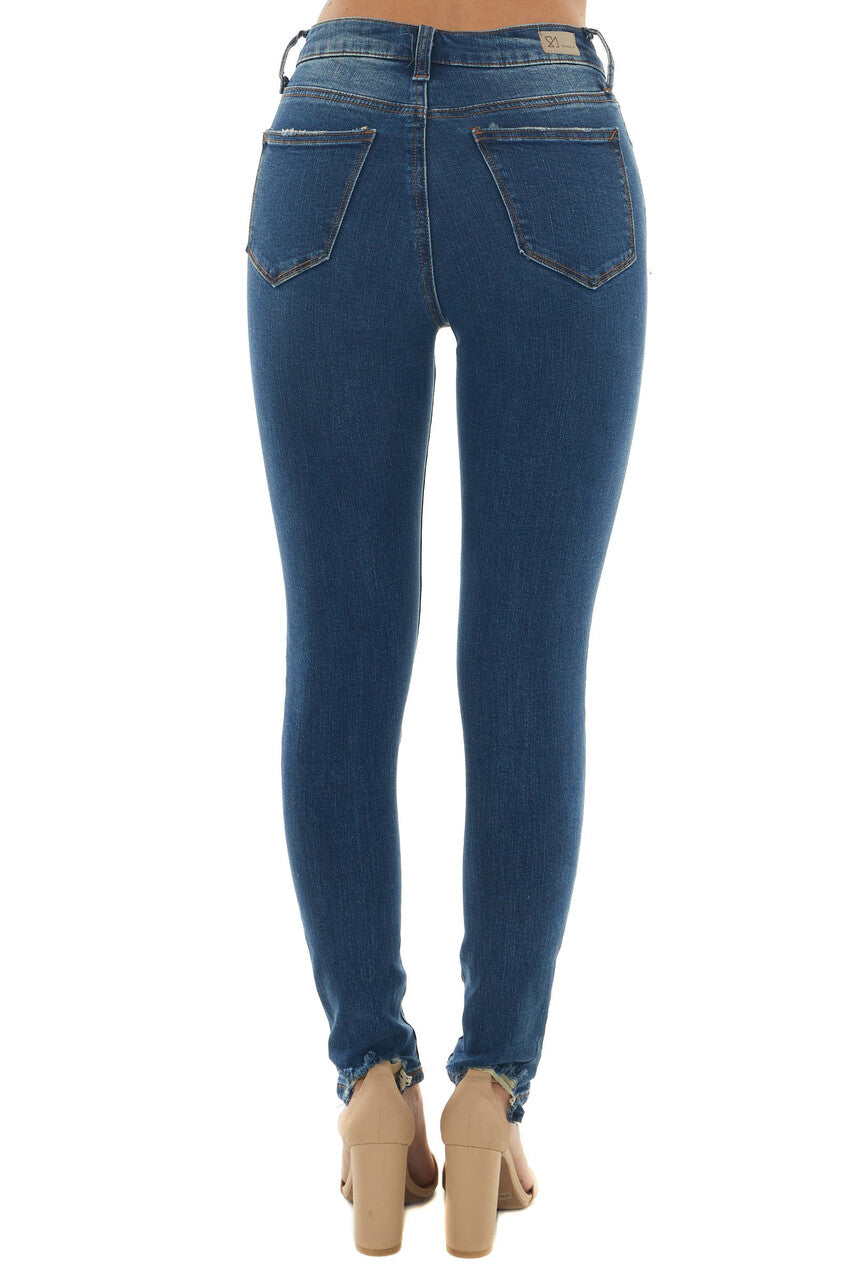 Mid Wash High Rise Shark Bite Hem Skinny Jeans 