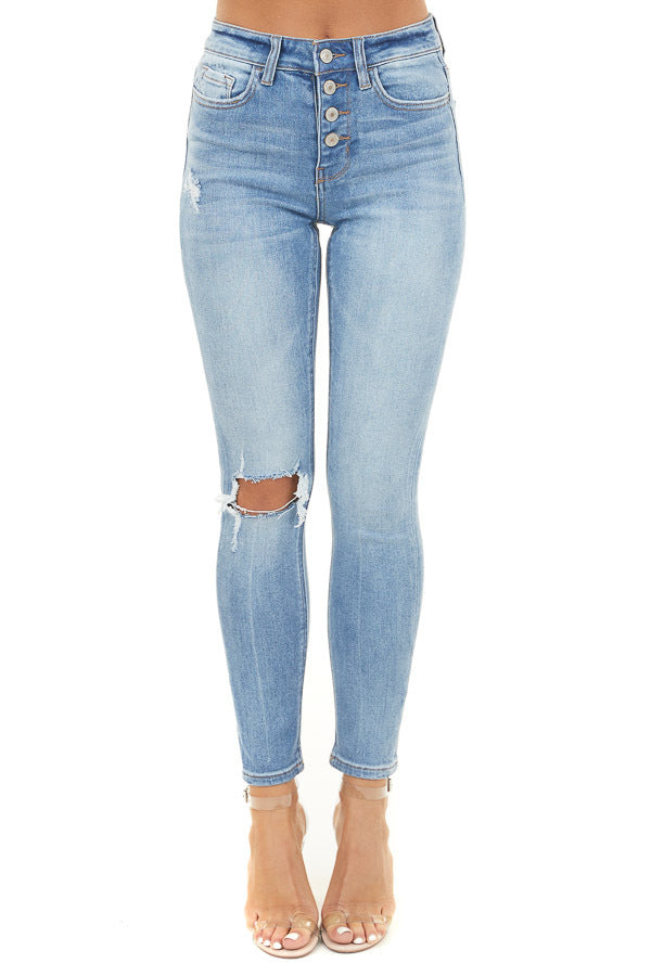 Midwash Denim High Rise Skinny Jeans with Button Up Closure