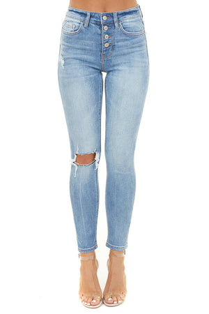 Midwash Denim High Rise Skinny Jeans with Button Up Closure