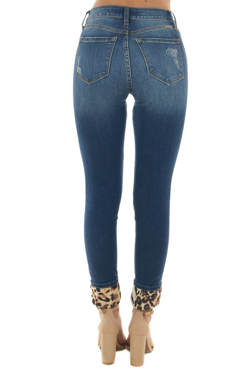 Midwash Skinny Jeans with Leopard Cuffed Hem and Patches