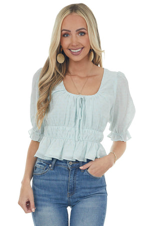 Mint Dot Textured Peasant Sleeve Peplum Top 