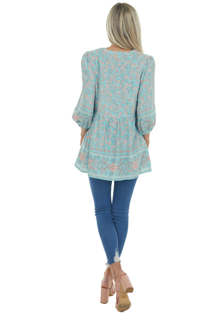 Mint Floral Bubble Sleeve Drop Waist Blouse