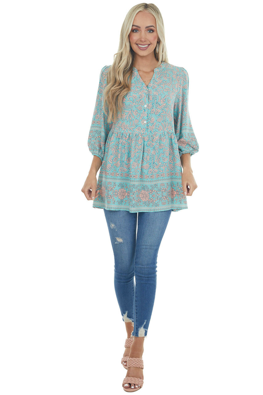 Mint Floral Bubble Sleeve Drop Waist Blouse