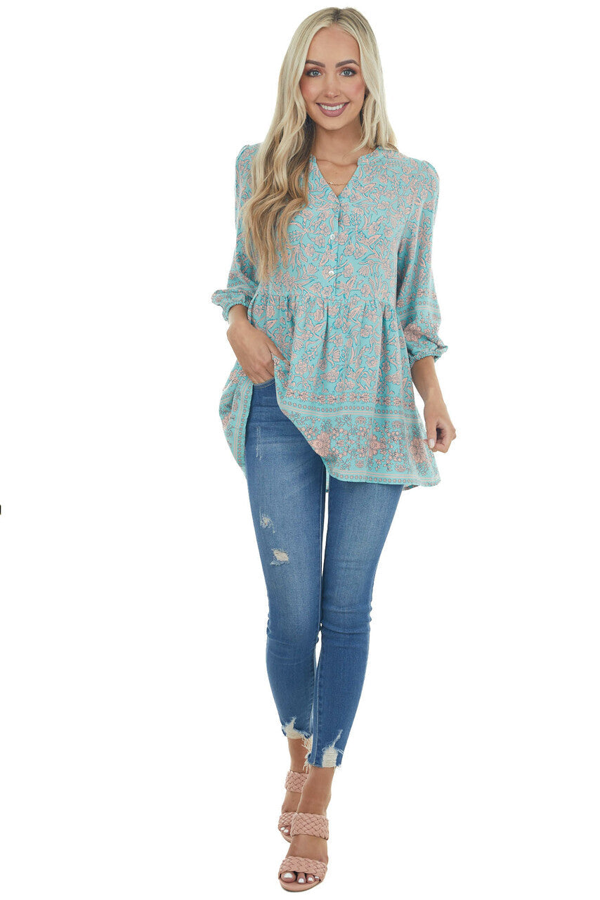 Mint Floral Bubble Sleeve Drop Waist Blouse