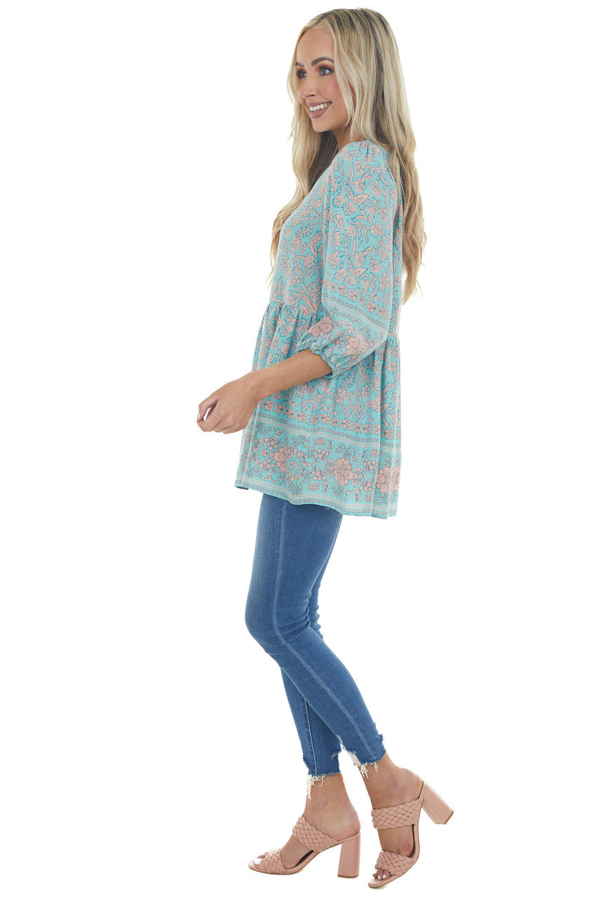 Mint Floral Bubble Sleeve Drop Waist Blouse