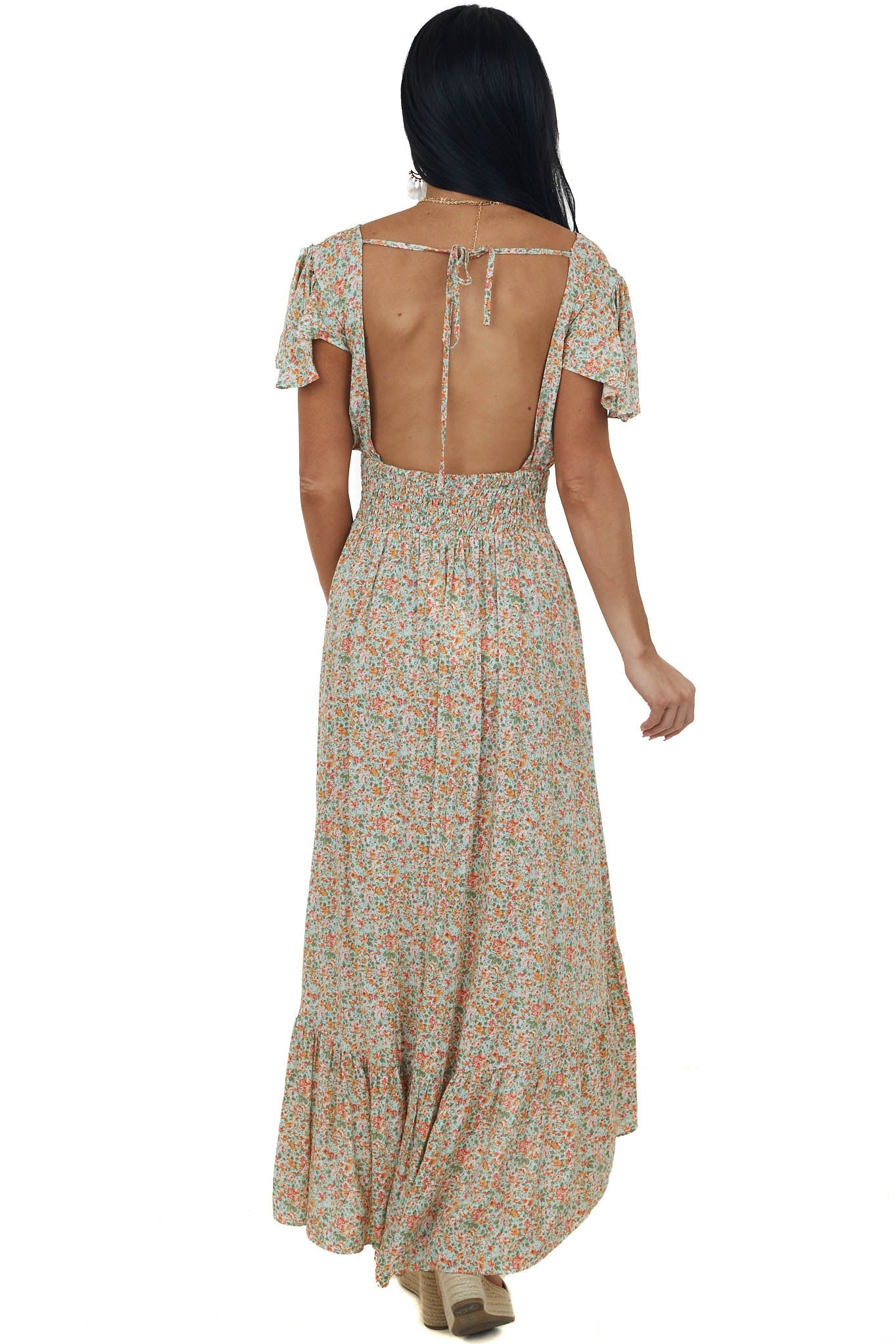 Mint Floral Print Open Tie Back Midi Dress