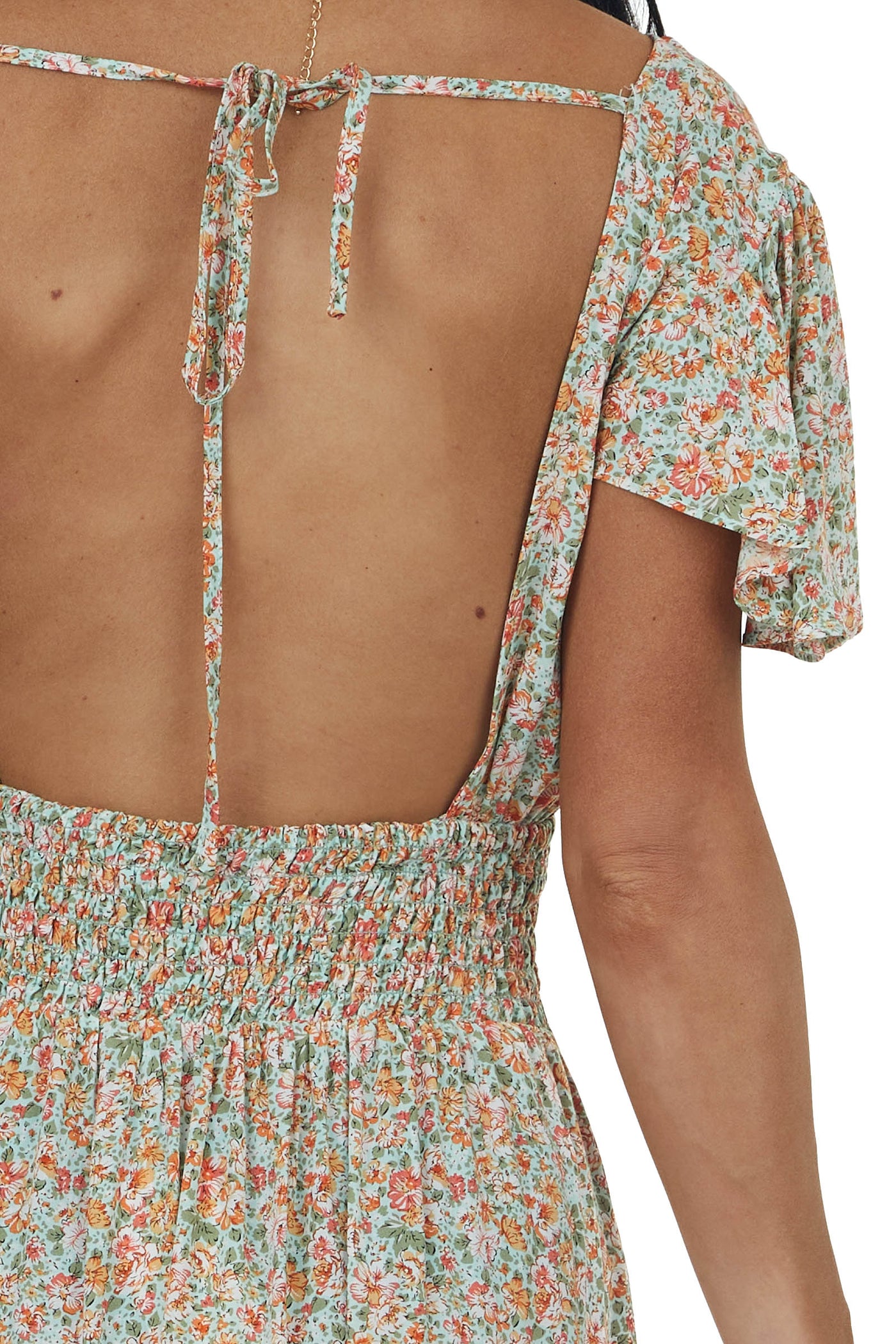 Mint Floral Print Open Tie Back Midi Dress