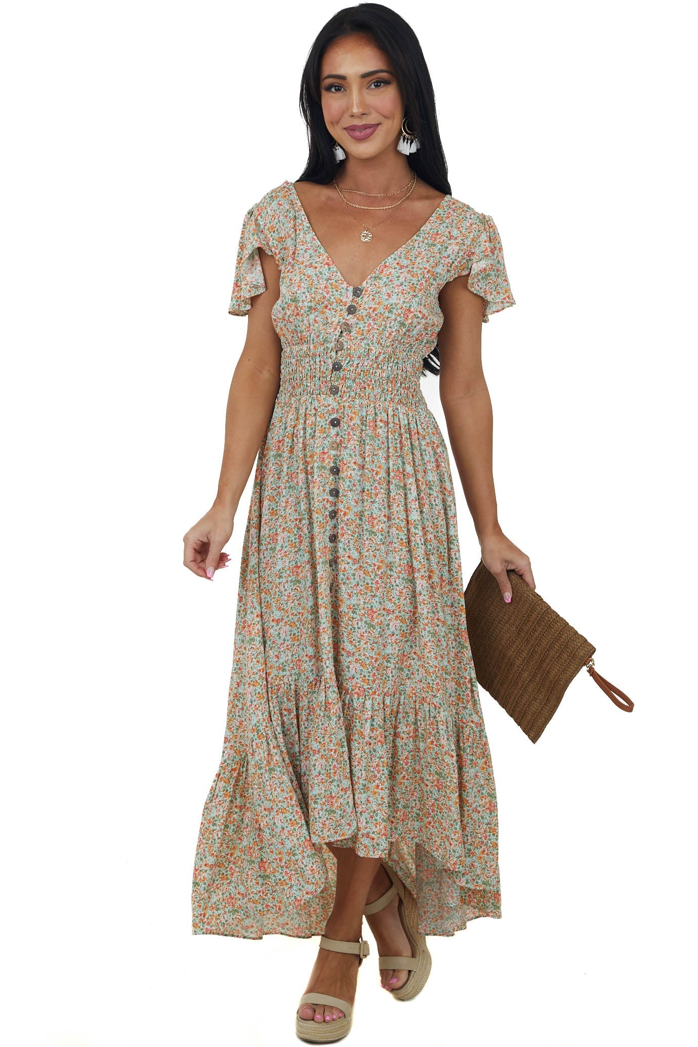 Mint Floral Print Open Tie Back Midi Dress