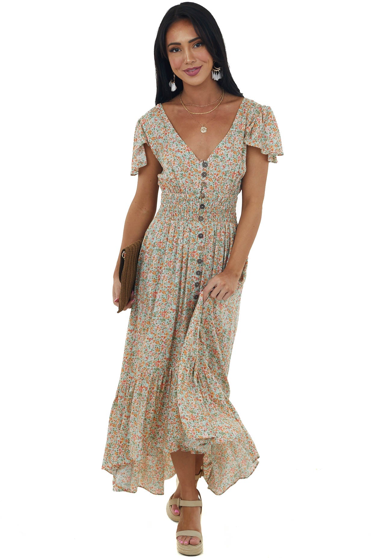 Mint Floral Print Open Tie Back Midi Dress